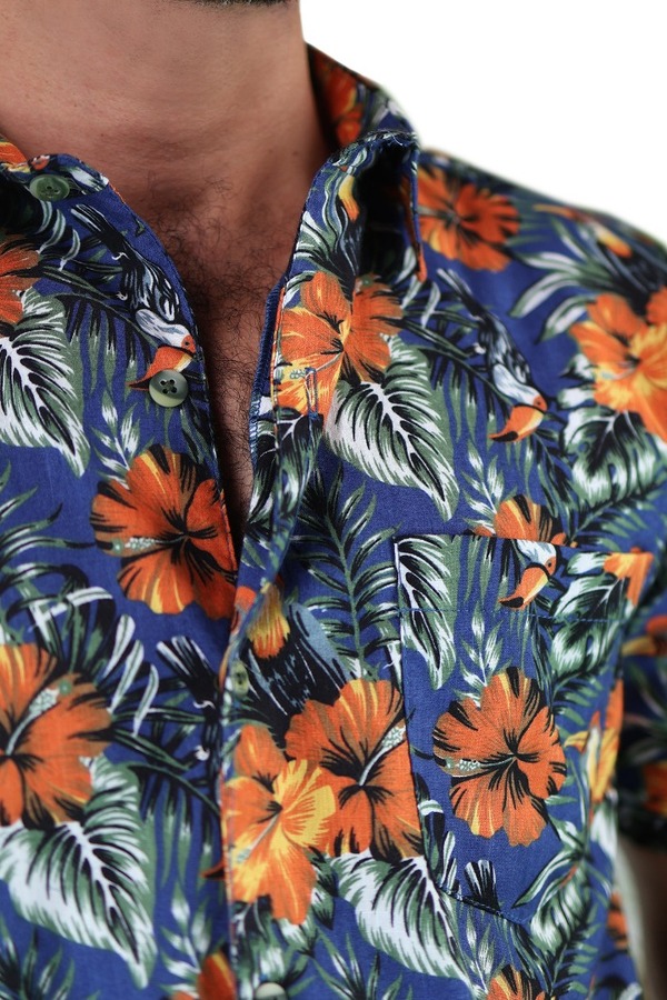 Camisa Manga Corta Estampado Tropical Slim Fit Para Caballero